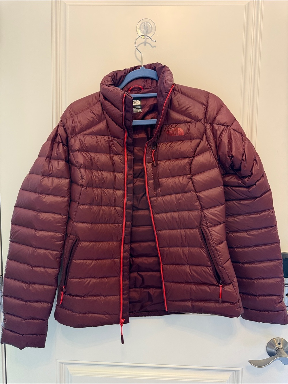 The North Face women’s Burgundy Quilted Puffer Jacket with Red Trim